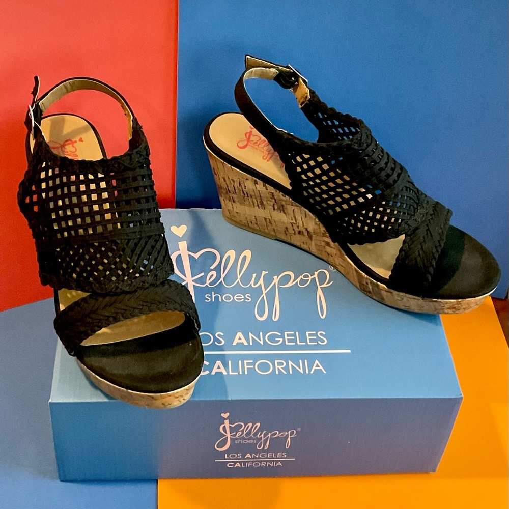 JellyPop Black Canvas Open Toe Wedge Heel - EUC